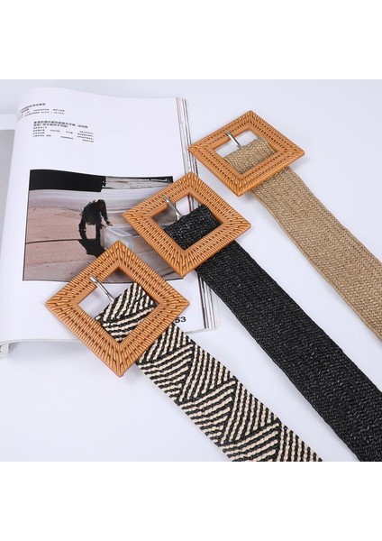 Kadınlar Için Elastik Örgülü Bel Kemeri Yaz Dokuma Kadın Kare Ağaçlık Toka Pp Saman Geniş Kemerler Vintage Elbiseler Kemer 394 (Yurt Dışından) modelleri