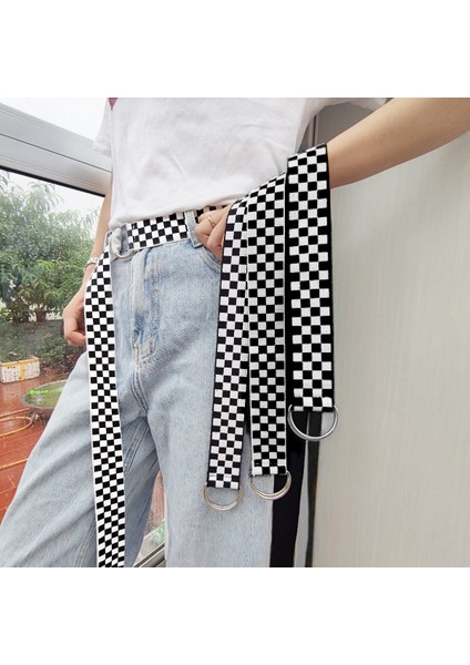 Kanvas Kemer D Halka Bel Kayışı Kemerler Siyah ve Beyaz Ekose Dama Tahtası Rahat Ekose Uzun Kemer (Yurt Dışından)