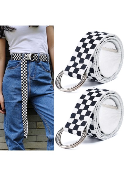 Kanvas Kemer D Halka Bel Kayışı Kemerler Siyah ve Beyaz Ekose Dama Tahtası Rahat Ekose Uzun Kemer (Yurt Dışından) modelleri