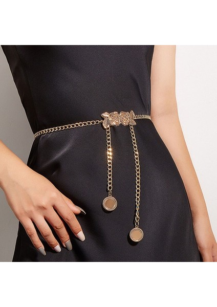 Lookloland Moda Bayanlar Altın Metal Ince Bel Zinciri Gül Çiçek Yay Kare Yuvarlak Toka Kemer Basit Yüz Eşleşen Takım Elbise Kemer (Yurt Dışından)