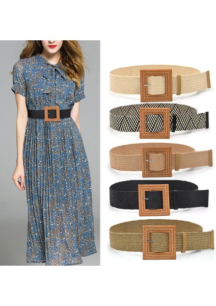 Loveshopping* Elastik Dokuma Hasır Bel Kemerleri Kare Tokalı Ayarlanabilir Kemer Boho Kemerler (Yurt Dışından)