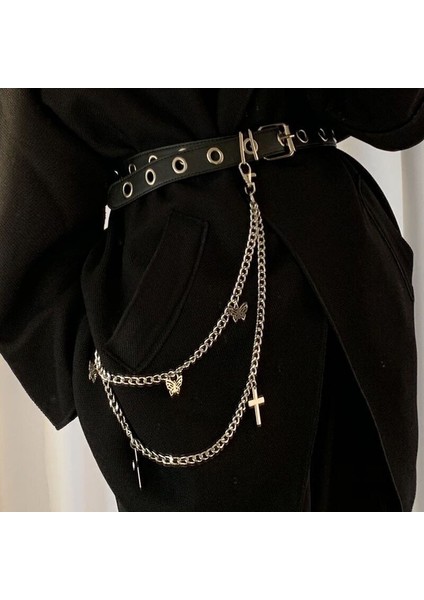 Moda Kelebek Çapraz Dekor Zincir Kemer Kadın Çift Katmanlı Metal Zincir Kemer Kızlar Için Hip Hop Punk Pantolon Pantolon Bel Kemeri (Yurt Dışından) fırsatları