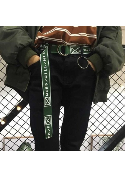 Lookloland Yüksek Kaliteli Kadın Erkek Kanvas Kemerler Harfler Baskılı Çift D Halka Toka Punk Bel Kayışı Moda Beyaz Siyah Uzun Geniş Kemer (Yurt Dışından)