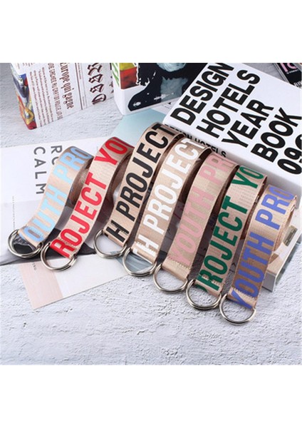 Naylon Örgü Kadın Kemer Moda Öğrenci Çift D Halka Toka 130 cm Uzun Kayış Kadın Mektup Baskı Kanvas Kemerler Kot (Yurt Dışından)