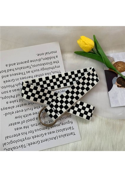 Moda Kadın Kemer Eğlence Kanvas Kot Güzel Kemerler Bayan Siyah ve Beyaz Ekose Toka 120 cm Uzun Kayış Tokası Bel Kemeri (Yurt Dışından) fiyatları