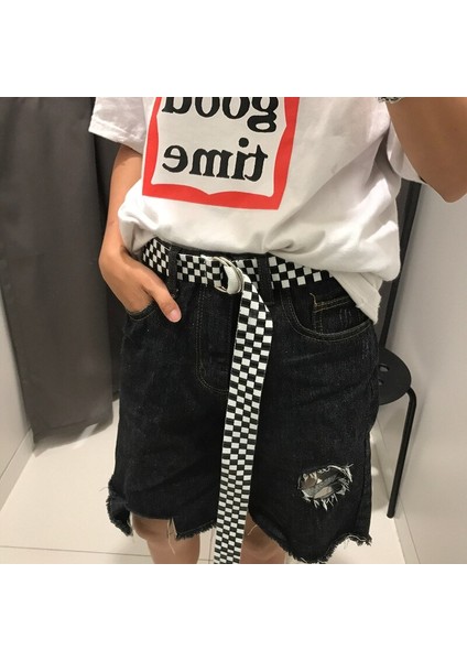 Moda Kadın Kemer Eğlence Kanvas Kot Güzel Kemerler Bayan Siyah ve Beyaz Ekose Toka 120 cm Uzun Kayış Tokası Bel Kemeri (Yurt Dışından) fırsatları