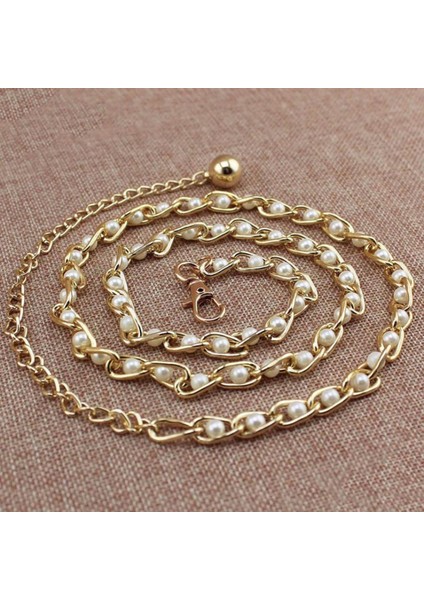 2021 Sıcak Satılan Moda Taklit Inci Boncuk Ince Bel Zincir Kemer Kadın Kızlar Metal Kemer Kemerli Elbise Aksesuarları 6 Renk (Yurt Dışından)