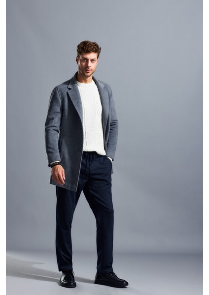 Gri Slim Fit Ceket Yaka Yünlü Kaşe Palto