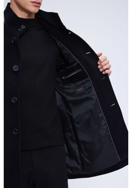 Siyah Regular Fit Hakim Yaka Yünlü Kaşe Palto fırsatları