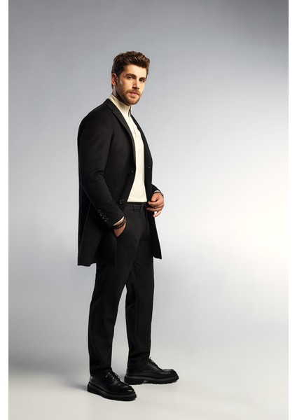 Siyah Slim Fit Ceket Yaka Yünlü Kaşe Palto modelleri