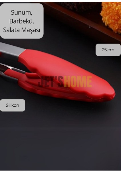 Sunum Maşası Barbekü Maşası Mangal Maşa Silikon Salata Maşası Kırmızı 25 cm