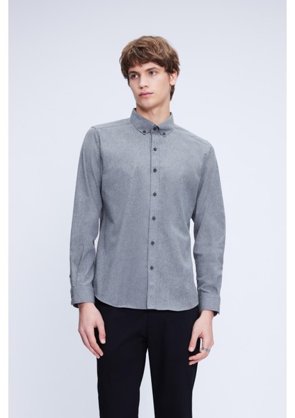 Gri Slim Fit Uzun Kollu Düğmeli Yaka Pamuklu Gömlek