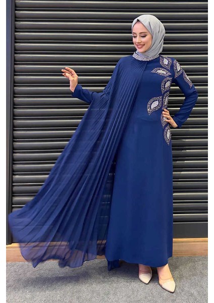 Taş Detaylı Pelerinli Elbise 3938 Lacivert