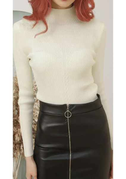 Kadın Beyaz Fitilli Saç Örgü Desenli Triko Kazak fiyatları