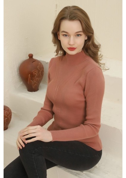 Kadın Gül Kurusu Boğazlı Fitilli Saç Örgü Desenli Triko Kazak fiyatları