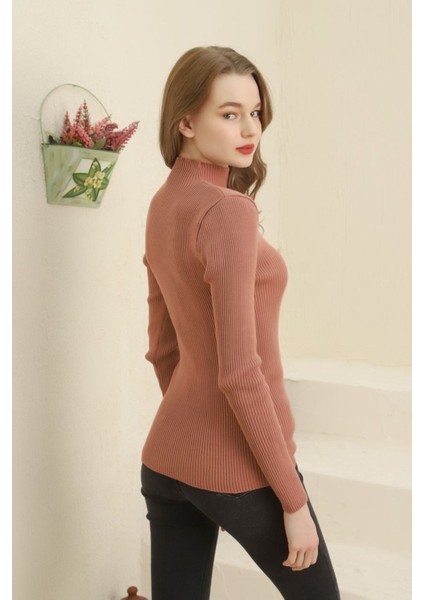 Kadın Gül Kurusu Boğazlı Fitilli Saç Örgü Desenli Triko Kazak modelleri