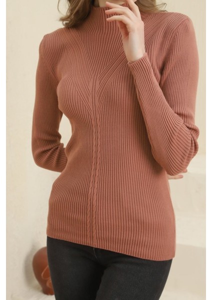 Kadın Gül Kurusu Boğazlı Fitilli Saç Örgü Desenli Triko Kazak fırsatları