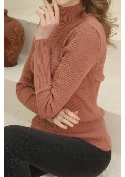 Kadın Gül Kurusu Boğazlı Fitilli Saç Örgü Desenli Triko Kazak indirimleri