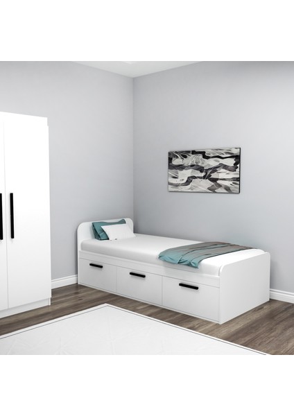 Akser 90 x 190 cm Yatak Uyumlu 3 Kapaklı Dolaplı Tek Kişilik Karyola Beyaz - Akser