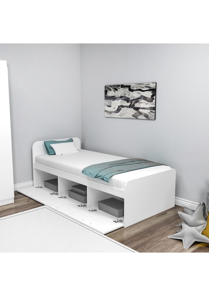 Akser 90 x 190 cm Yatak Uyumlu 3 Kapaklı Dolaplı Tek Kişilik Karyola Beyaz - Akser