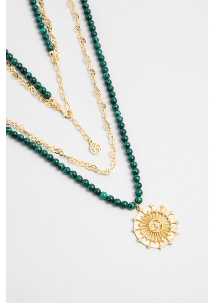 Malahit Güneşi 18 Ayar Sarı Altın Kaplama 47 cm Gümüş Kolye