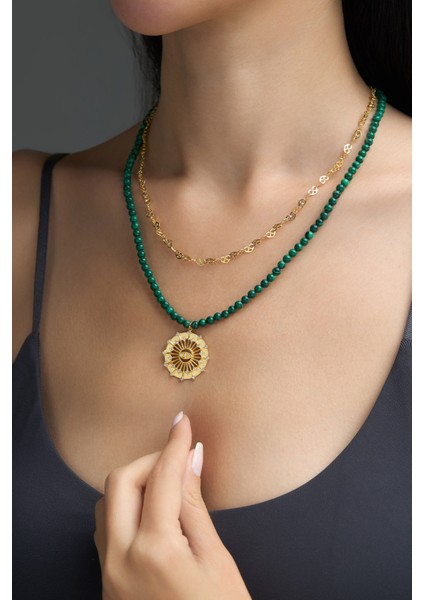 Malahit Güneşi 18 Ayar Sarı Altın Kaplama 47 cm Gümüş Kolye fırsatları