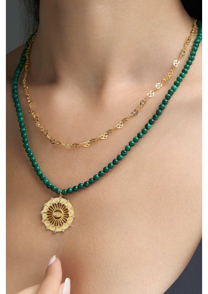 Malahit Güneşi 18 Ayar Sarı Altın Kaplama 47 cm Gümüş Kolye indirimleri