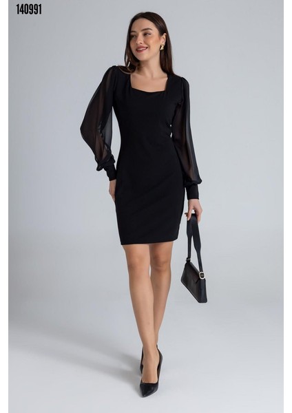 Yeni Sezon Kadın Kare Yaka Tüllü Uzun Kollu Sandy Kumaş Mini Elbise