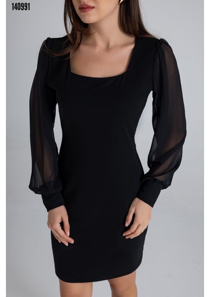 Yeni Sezon Kadın Kare Yaka Tüllü Uzun Kollu Sandy Kumaş Mini Elbise fırsatları