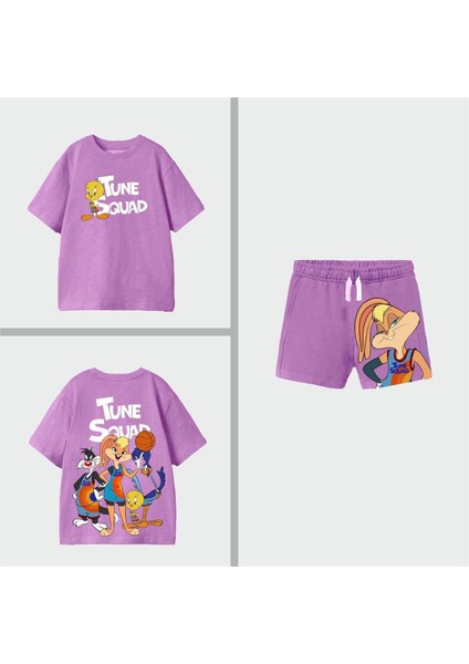 Kız Çocuk Looney Tunes Baskılı Pamuklu Kumaş Mor Şortlu Beli Bağcıklı Lastikli Alt Üst Ikili Takım