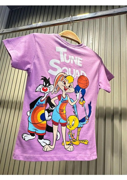 Kız Çocuk Looney Tunes Baskılı Pamuklu Kumaş Mor Şortlu Beli Bağcıklı Lastikli Alt Üst Ikili Takım