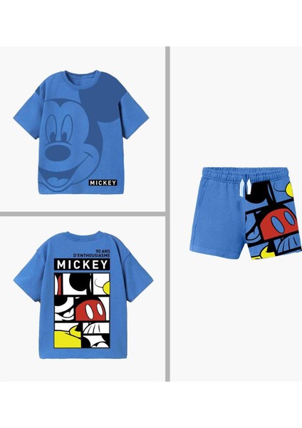 Erkek Çocuk Mickey Mouse Basklı Mavi Renk Şortlu Beli Bağcıklı Lastikli Alt Üst Pamuklu Ikili Takım