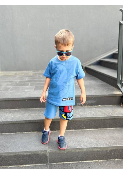 Erkek Çocuk Mickey Mouse Basklı Mavi Renk Şortlu Beli Bağcıklı Lastikli Alt Üst Pamuklu Ikili Takım fiyatları