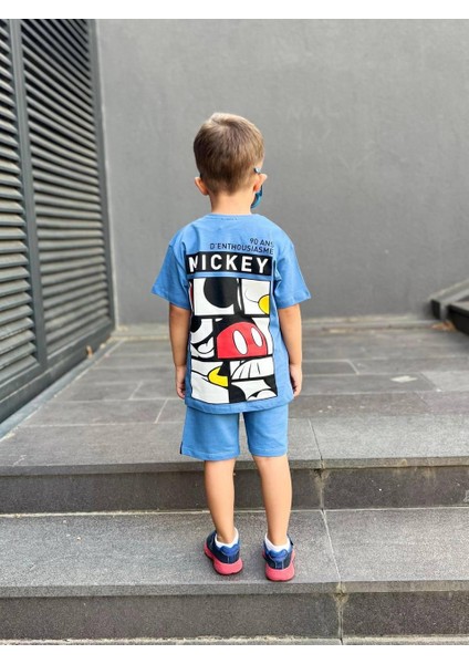 Erkek Çocuk Mickey Mouse Basklı Mavi Renk Şortlu Beli Bağcıklı Lastikli Alt Üst Pamuklu Ikili Takım modelleri
