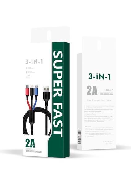 3 In 1 Çoklu 2AMPER Type-C Micro Lightning 120 cm Hızlı Şarj ve Data Kablosu