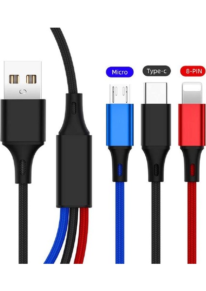 3 In 1 Çoklu 2AMPER Type-C Micro Lightning 120 cm Hızlı Şarj ve Data Kablosu