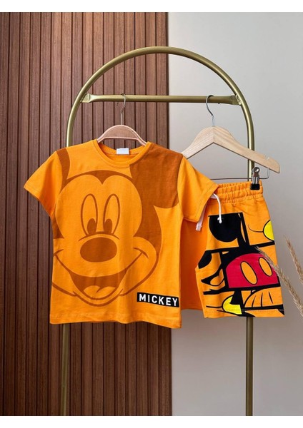 Erkek Çocuk Mickey Mouse Basklı Turuncu Renk Pamuklu Kumaş Şortlu Beli Bağcıklı Lastikli Alt Üst Yazlık Ikilitakım fiyatları