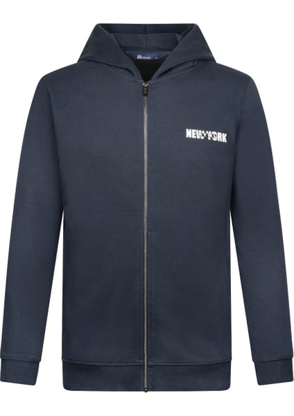 Lacivert Regular Fit Pamuklu Tam Fermuarlı Kapüşonlu Sweatshirt