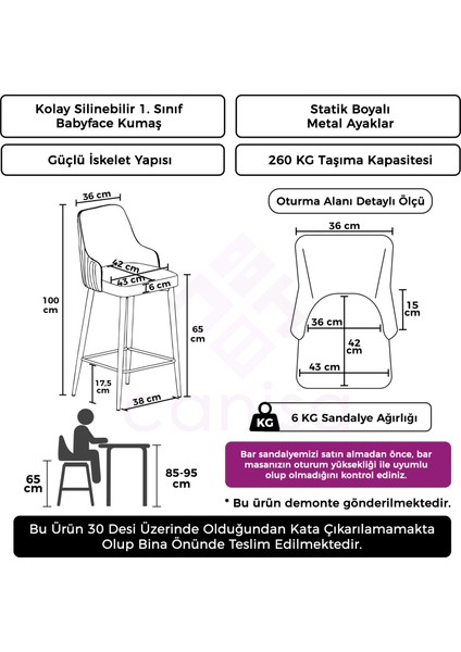 Tera Serisi, 65 cm Mutfak Bar Sandalyesi, Babyface Kumaş, Siyah Metal Ayak 4 Adet Sandalye fırsatları