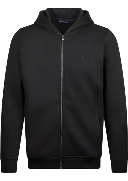 Siyah Regular Fit Pamuklu Tam Fermuarlı Kapüşonlu Sweatshirt