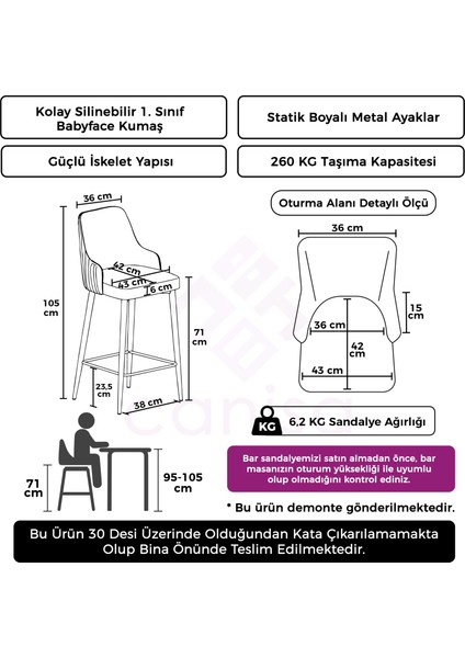 Enox Serisi, Yemek Odası Bar Sandalyesi, Babyface Kumaş, Siyah Metal Ayak , 4 Adet Sandalye