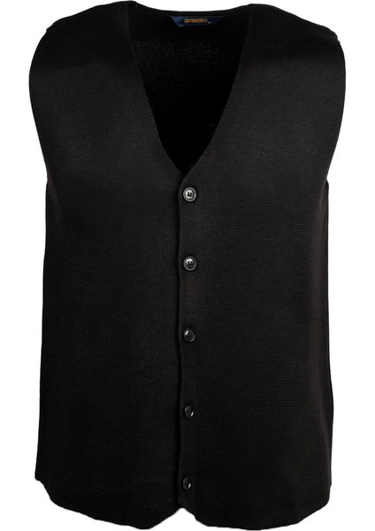 Siyah Regular Fit V Yaka Yünlü Triko Yelek