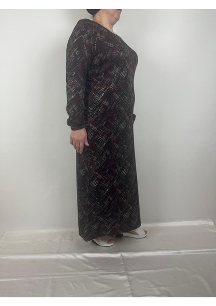 Kadın Siyah Desenli Bisiklet Yaka Uzun Kollu Kol Bilekleri Lastikli Mevsimlik Anne Elbise