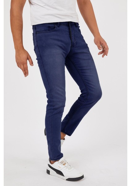 Lacivert Renk Eskitme Erkek Slim Fit Kot Pantolon