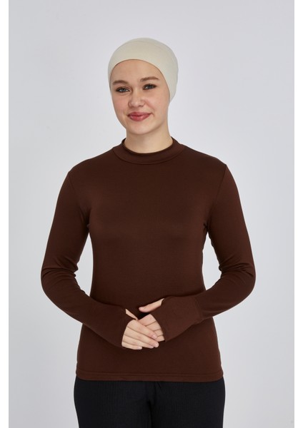 Hafif Balıkçı Yakalı Parmak Geçmeli Likralı Organik Kadın Body - Çikolata - L-XL