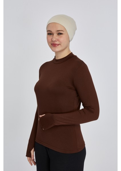 Hafif Balıkçı Yakalı Parmak Geçmeli Likralı Organik Kadın Body - Çikolata - L-XL