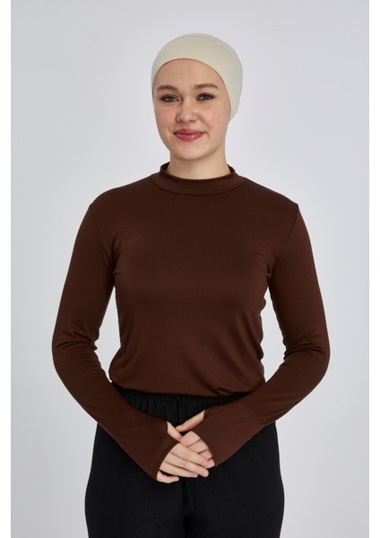 Hafif Balıkçı Yakalı Parmak Geçmeli Likralı Organik Kadın Body - Çikolata - L-XL