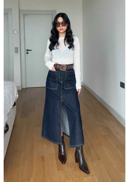 Lacivert Kontrast Dikişli Yırtmaçlı Denim Etek