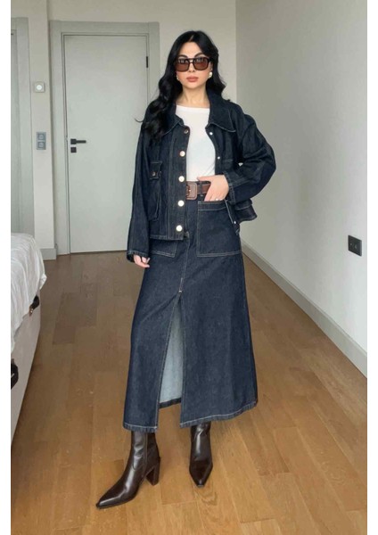 Lacivert Kontrast Dikişli Yırtmaçlı Denim Etek fiyatları