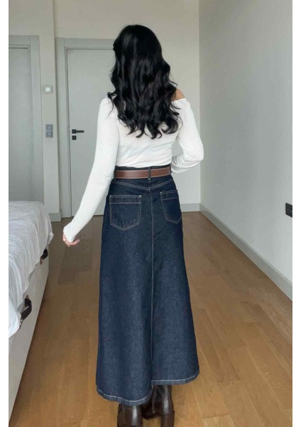 Lacivert Kontrast Dikişli Yırtmaçlı Denim Etek modelleri
